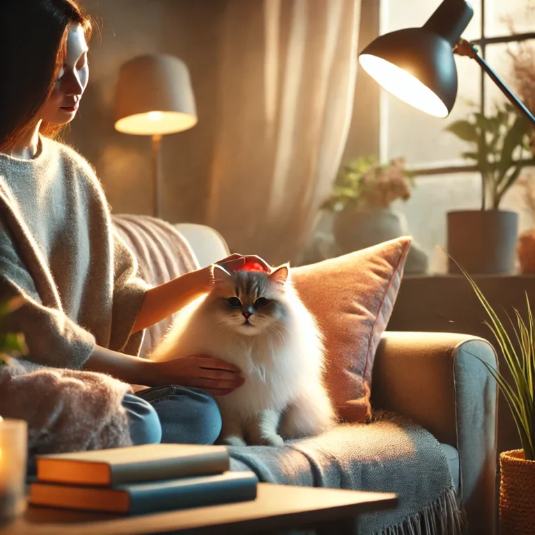 DALL·E 2024 12 04 10.24.12 A peaceful indoor scene where a person gently pets a calm and fluffy cat while sitting on a cozy sofa. The room is softly lit with a warm ambiance cr